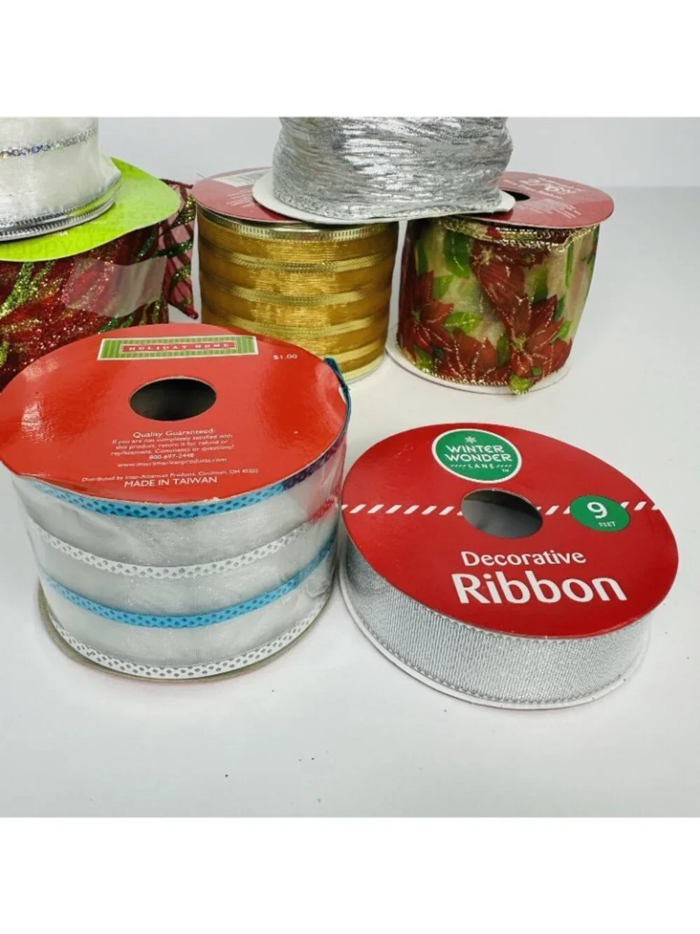 Holiday Christmas Ribbon Lot of 7 Red Gold Silver Blue Sparkling Crafts Decor